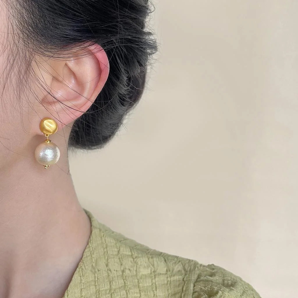 Cotton Pearl Brushed Texture Geometric Round Drop Earrings For Women Light Luxury Fashion