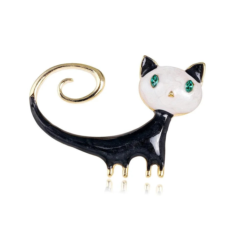 Cute Enamel Curled Tail Cat Brooch Alloy Rhinestone Animal Lapel Pin For Coat Suit Gift