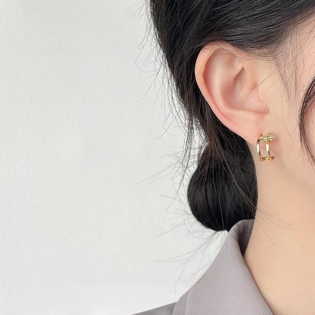 Copper Micro Pave Zircon Star Stud Earrings, Double Layer Line Minimalist Gold Tone Jewelry