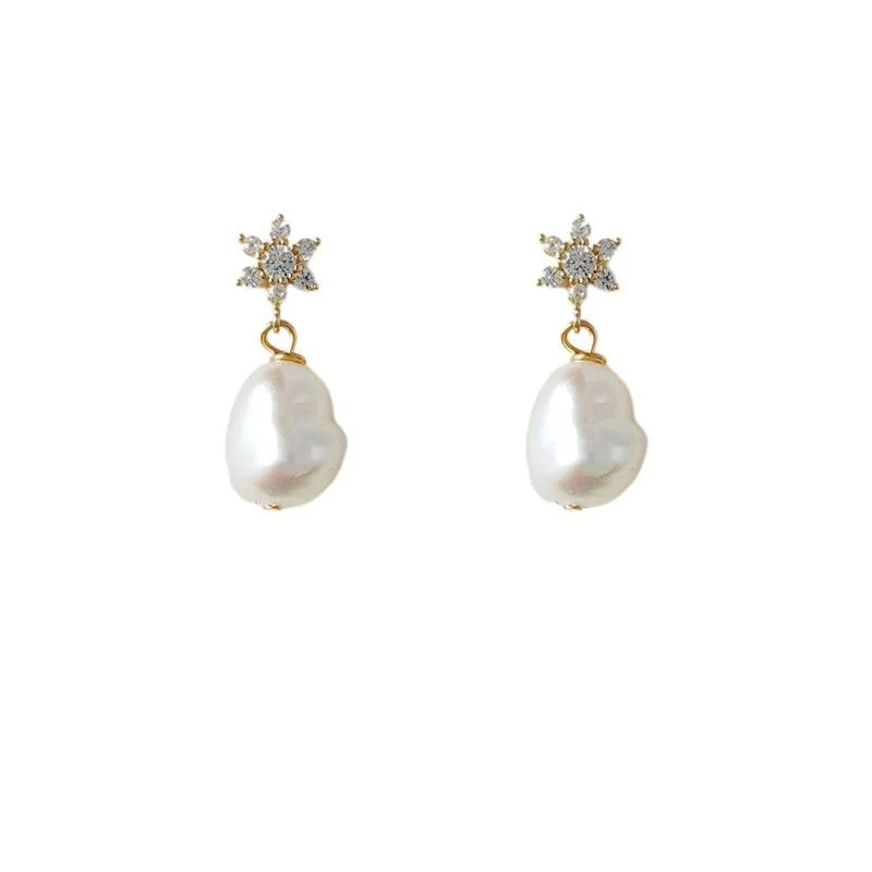French Vintage Baroque Freshwater Pearl Teardrop Stud Earrings With Zircon 14K Gold Plated