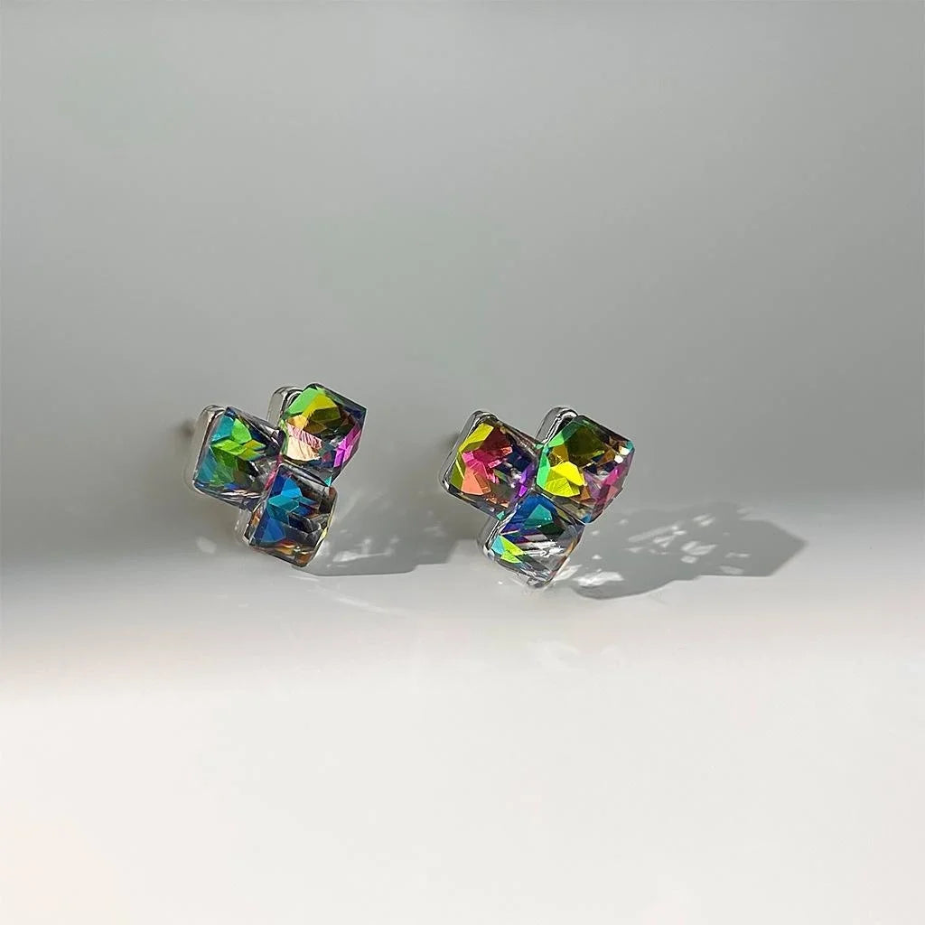 Iridescent Glass Crystal Cube Stud Earrings Geometric Light Luxury Unique Jewelry