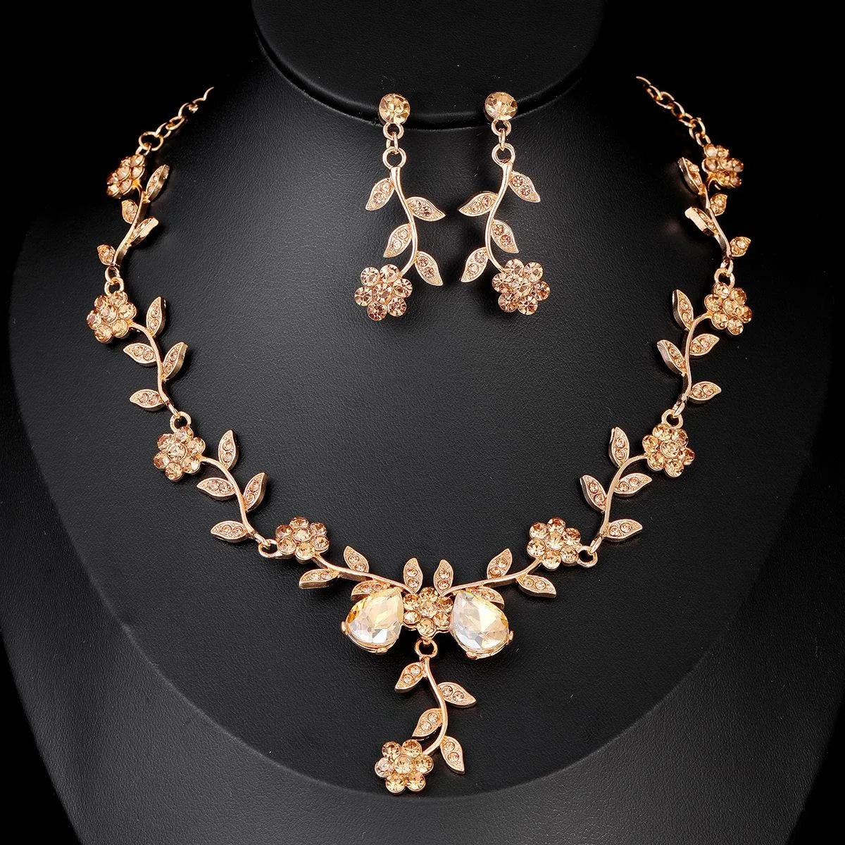 Elegant Green Rhinestone Flower Vine Necklace And Earrings Jewelry Set, Alloy Bridal Jewelry For Wedding Party Gift