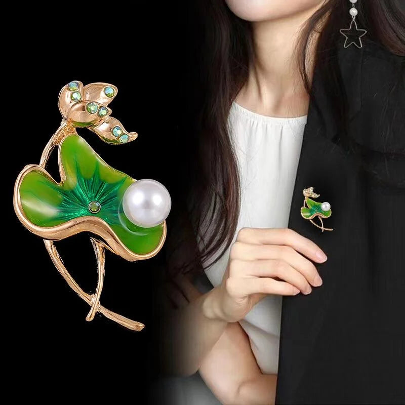 Elegant Lotus Leaf Pearl Brooch With Enamel Alloy Rhinestone Accents, Women's Lapel Pin Corsage Gift
