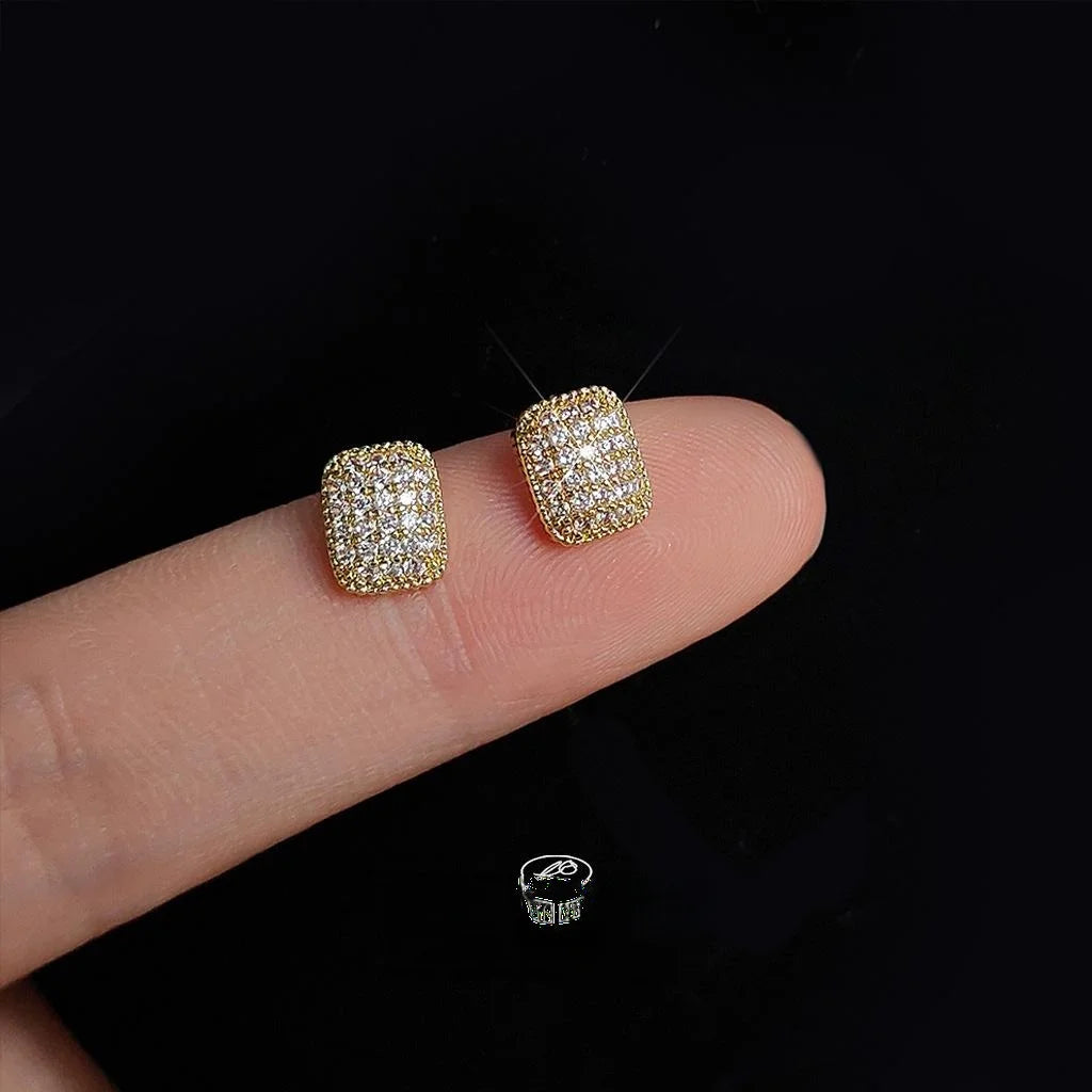 14K Gold Plated Copper Geometric Rectangle Micro Pave Zircon Stud Earrings Minimalist Luxury