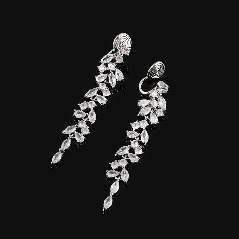 Luxury Zircon Spiral Marquise Leaf Tassel Stud & Clip On No Piercing Long Bridal Drop Earrings