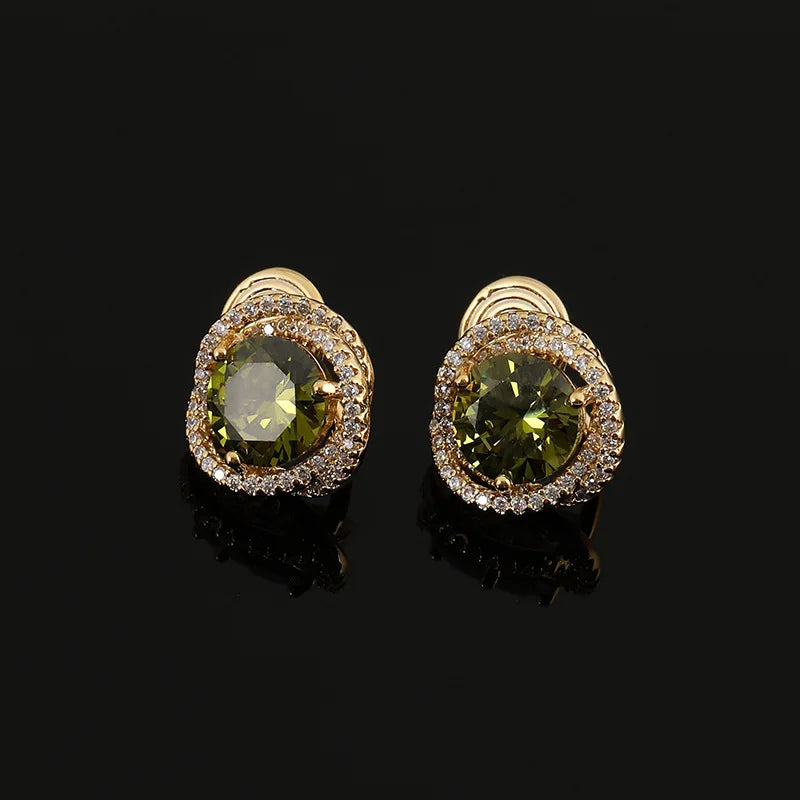 Elegant Olive Green Zircon Spiral Geometric Stud & Clip On No Piercing Gold Alloy Rhinestone Earrings