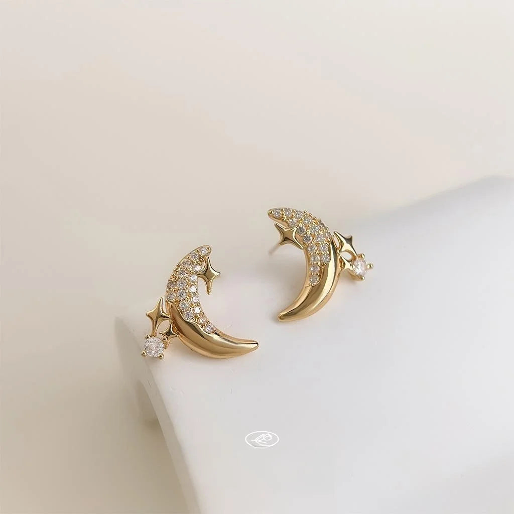 14K Plated Copper Moon Star Zircon Stud Earrings, Fashion Commuter Jewelry