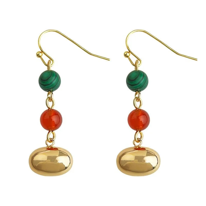 Vintage Handmade Red Agate Synthetic Malachite Copper Tassel Drop Earrings For Women