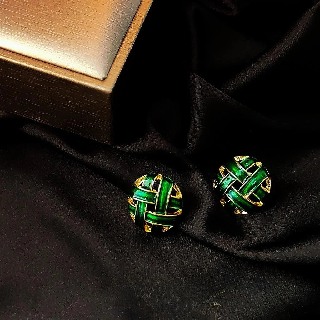 Light Luxury Vintage Woven Half Moon Green Enamel Hollow Copper Stud Earrings