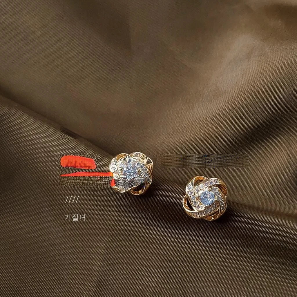 14K Plated Copper Zircon Spiral Knot Stud Earrings Korean Minimalist Mini Geometric Jewelry