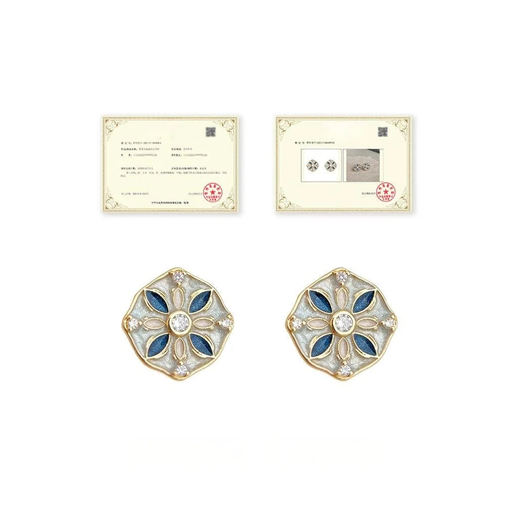 Vintage Chinese Style Enamel Geometric Stud Earrings Copper For Women
