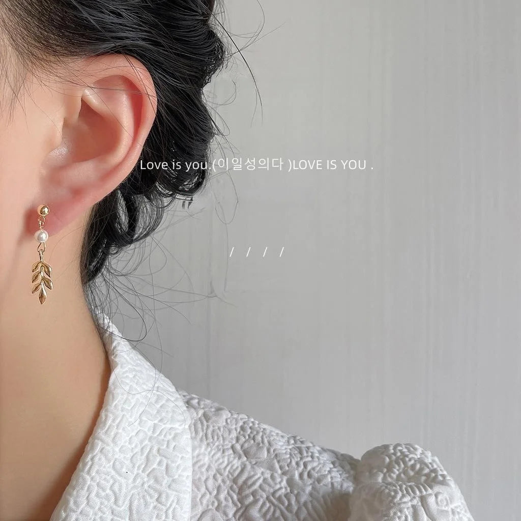 14K Gold Plated Copper Wheat Leaf Stud Earrings Handmade Minimalist Style Jewelry
