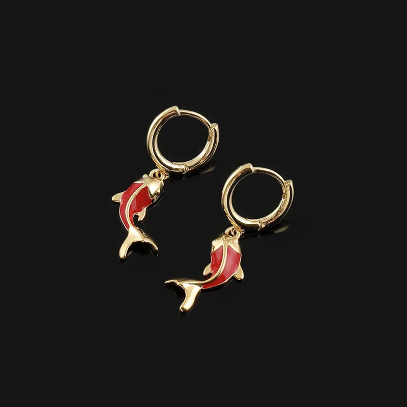 Elegant Chinese Style Red Enamel Koi Fish Hoop Dangle Stud & Clip On No Piercing Alloy Earrings
