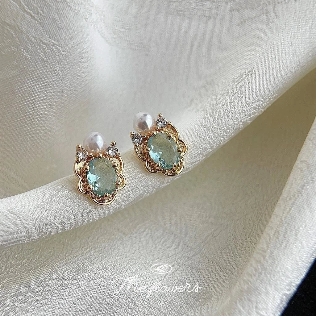 14K Gold Plated Copper Aquamarine Pearl Zircon Irregular French Vintage Stud Earrings