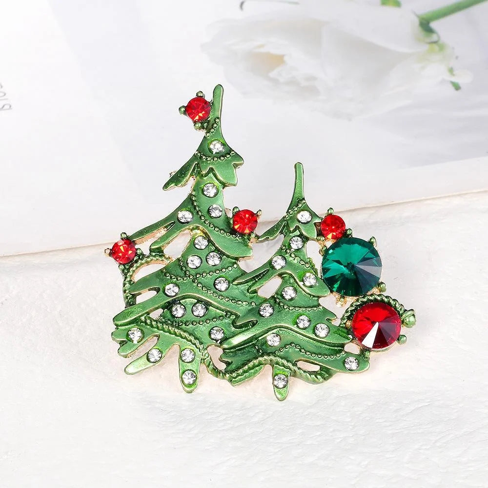 Elegant Green Enamel Christmas Tree Brooch With Rhinestones, Alloy Holiday Lapel Pin Corsage Gift