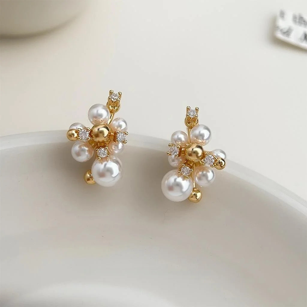 Light Luxury Copper Zircon Pearl Flower Geometric Drop Earrings With Silver Plated Pins