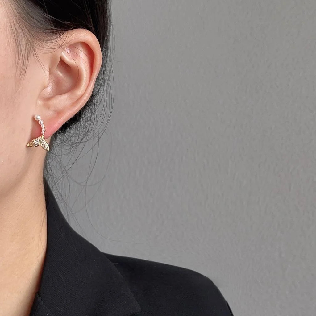 14K Gold Plated Copper Fishtail Micro Pave Zircon Stud Earrings Light Luxury Style