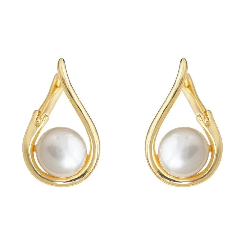 14K Gold Plated Copper Freshwater Pearl Teardrop Drop Earrings Elegant Minimalist Geometric Jewelry