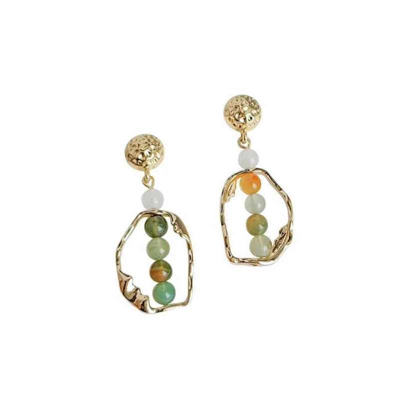 French Vintage Agate Beaded Irregular Hollow Hammered Metal Geometric Drop Earrings