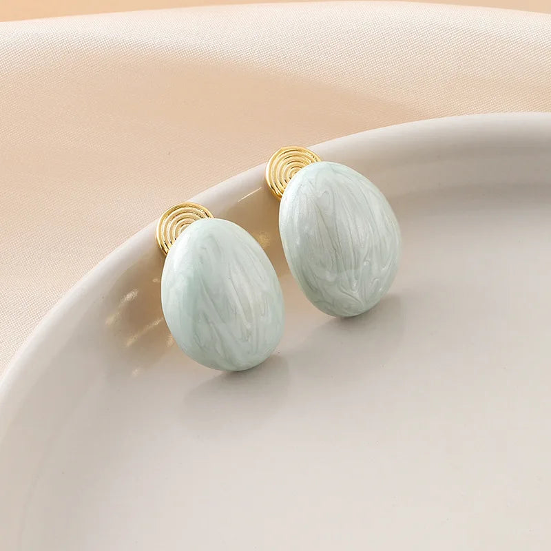 Light Blue Oval Bean Pearlescent Enamel Stud & Clip On No Piercing Elegant Vacation Earrings