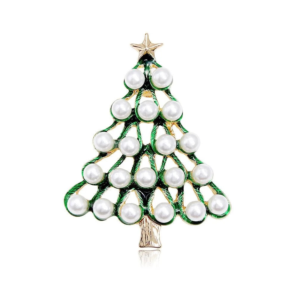Elegant Christmas Tree Brooch With Pearl Beads And Green Enamel Alloy Lapel Pin For Holiday Suit Accessory Gift