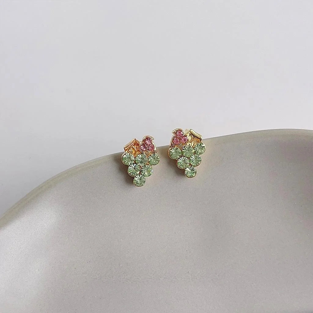 Cute Grape Rhinestone Stud Earrings 14K Plated Sweet Fruit Jewelry