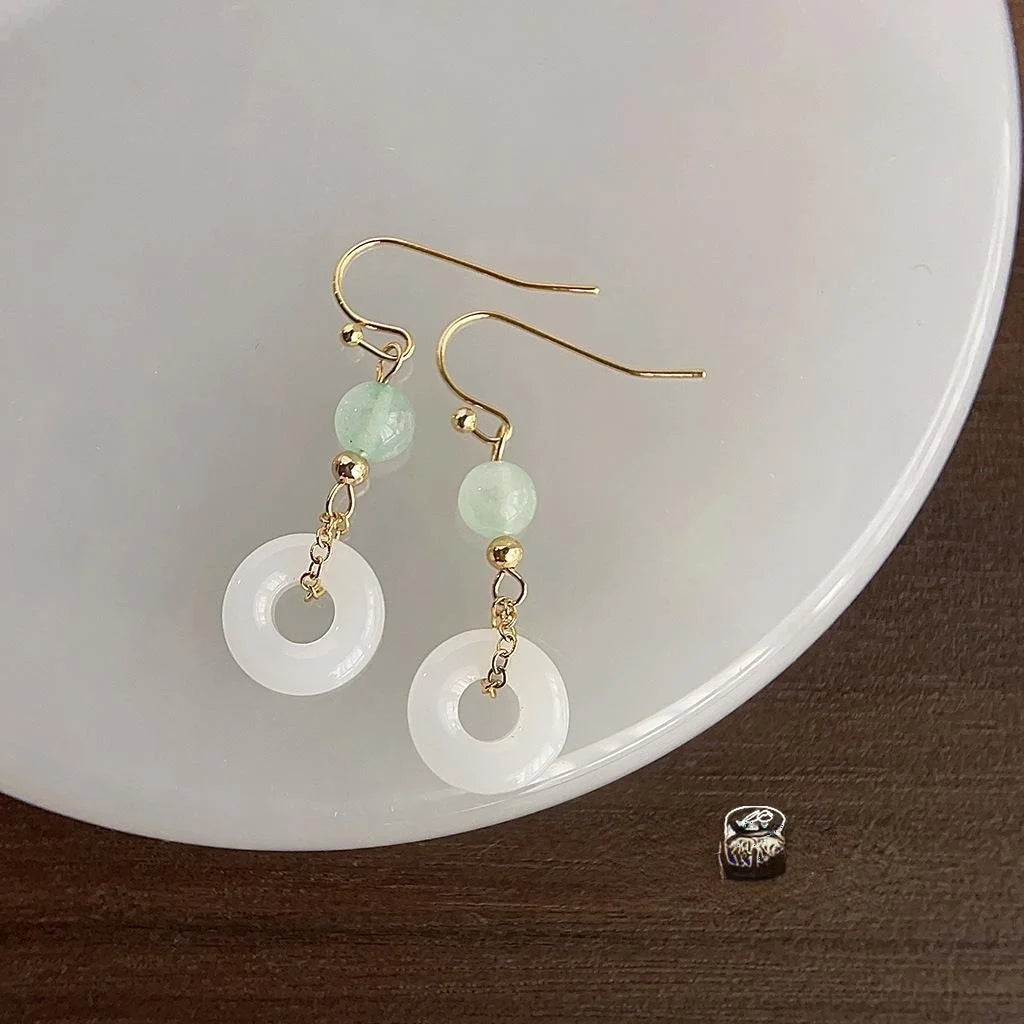 14K Plated Copper Glass White Jade Round Drop Earrings New Chinese Elegant Handmade Jewelry