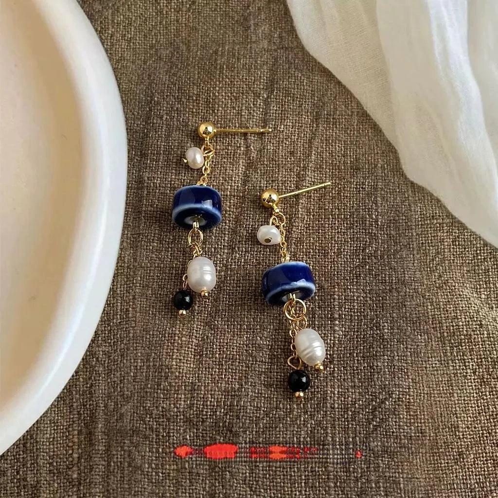 Handmade Freshwater Pearl Ceramic Drop Earrings Vintage Ethnic Geometric Tassel Jewelry