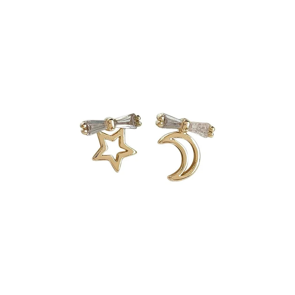 14K Plated Copper Asymmetric Star Moon Micro Pave Zircon Stud Earrings