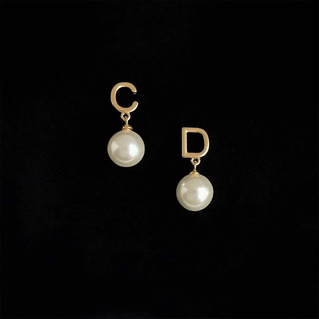 French Luxe Asymmetric Letter Pearl Drop Earrings Copper Hepburn Style Geometric Jewelry