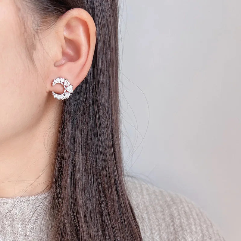 Sparkling Luxury Crescent Moon Cubic Zirconia Hoop Stud & Clip On No Piercing Women's Fashion Earrings
