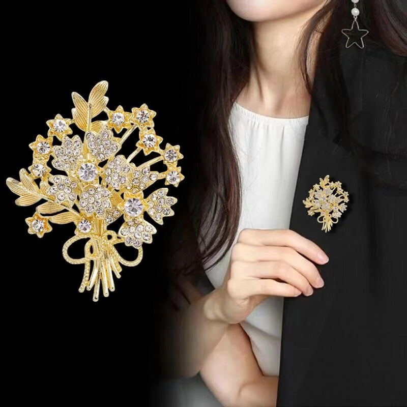 Elegant Rhinestone Floral Bouquet Brooch Gold Alloy Flower Branch Lapel Pin Corsage Suit Accessory Gift