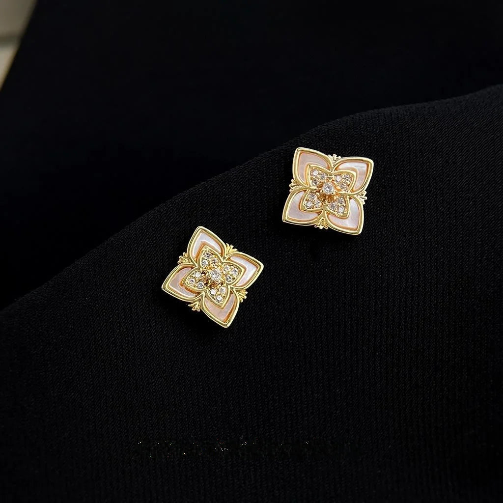Micro Pave Zircon Genuine Shell Flower Petal Stud Earrings 4K Gold Plated Copper Minimalist Jewelry