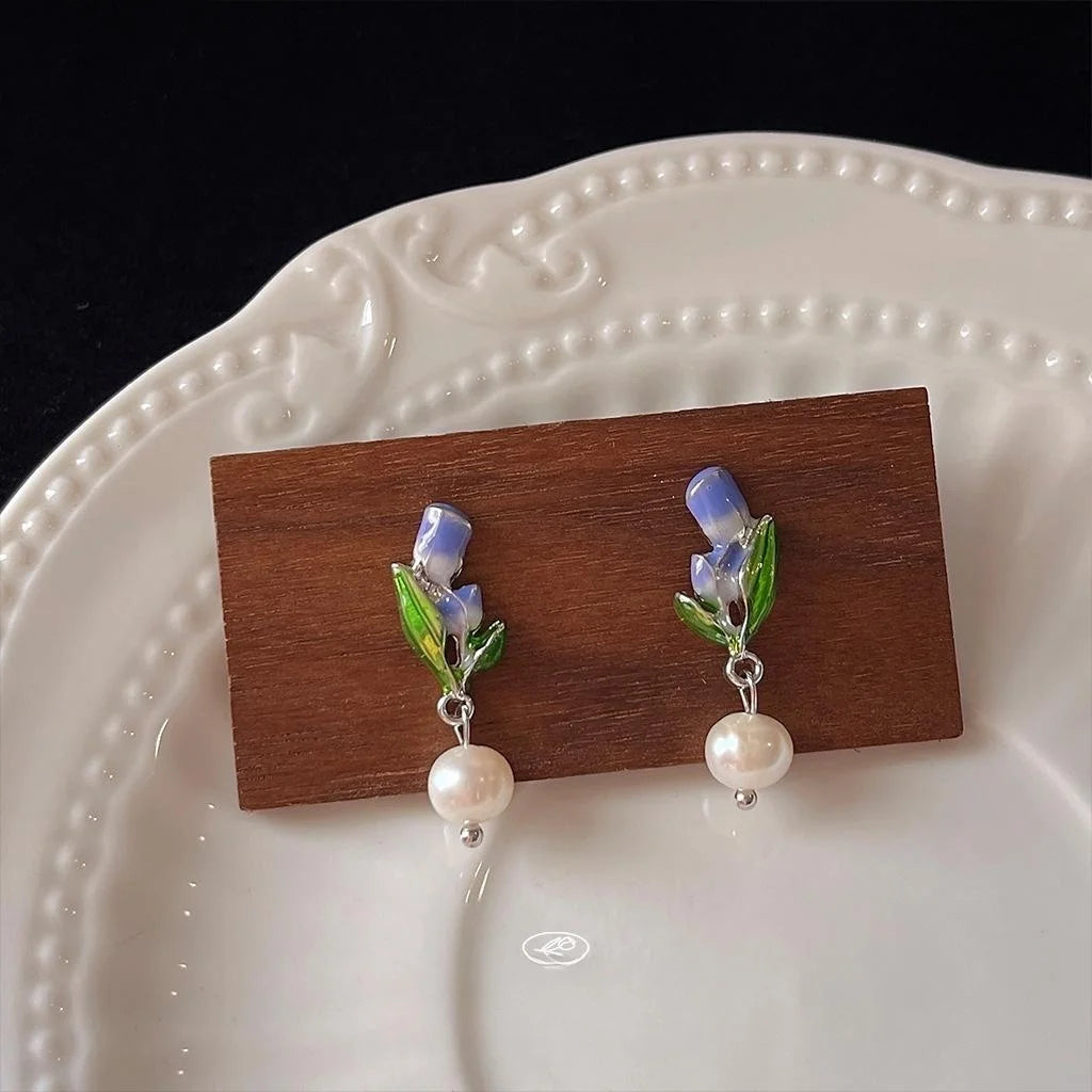 Forest Style Handmade Tulip Flower Stud Earrings With Freshwater Pearls Purple Enamel Silver Plated Copper