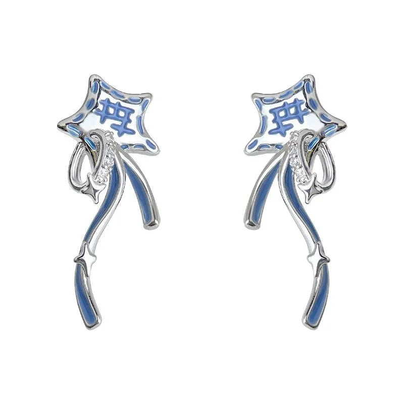 Sweet Cool Blue Star Drop Earrings Copper Zirconia Micro Pave Ear Jewelry