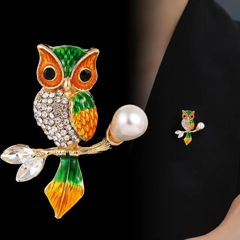 Cute Enamel Owl Brooch With Rhinestone And Faux Pearl, Alloy Lapel Pin Corsage For Suit Sweater Gift