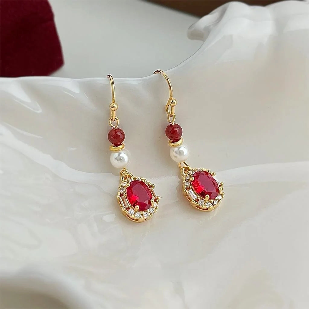 Vintage Copper Red Agate Pearl Zircon Geometric Round Tassel Drop Earrings For Women