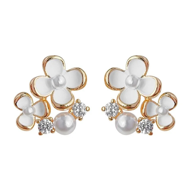 Sweet White Enamel Flower Stud Earrings Copper Micro Pave Zircon Mini Floral Jewelry