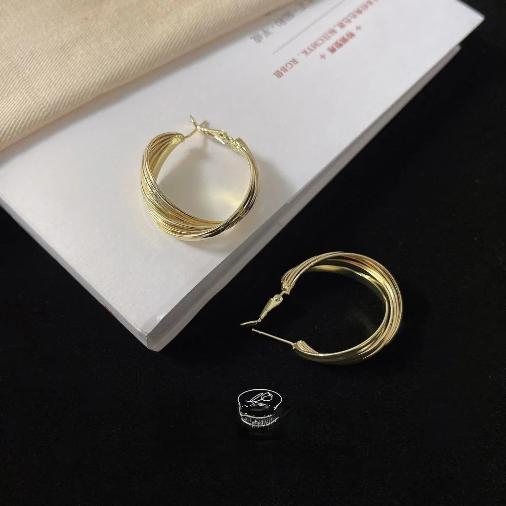 Klein Style Geometric Hoop Stud Earrings, 14K Plated Metal Minimalist Korean Jewelry