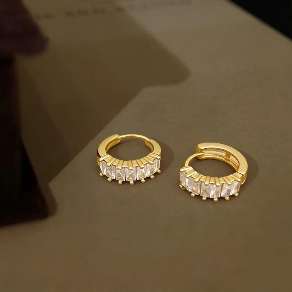 14K Gold Plated Copper Zircon Stud Earrings Korean Minimalist Round Geometric Jewelry