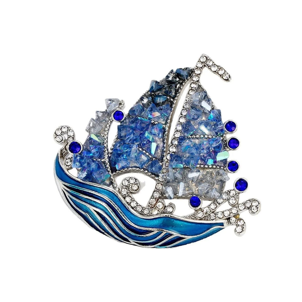 Luxury Blue Enamel Sailboat Brooch With Crystal Rhinestone Sails, Elegant Lapel Pin Corsage Gift