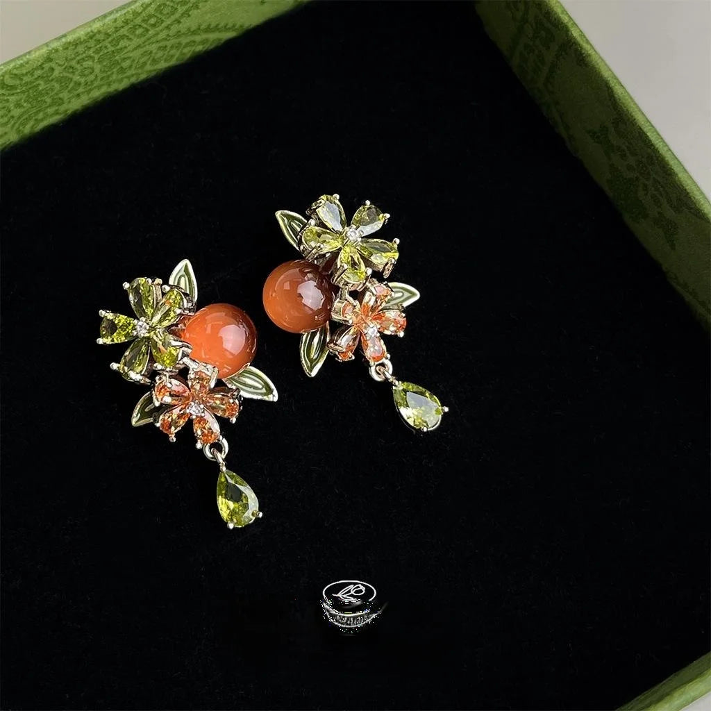 Vintage Floral Persimmon Leaf Drop Earrings With Zircon Resin And Copper Silver-Plated Pins