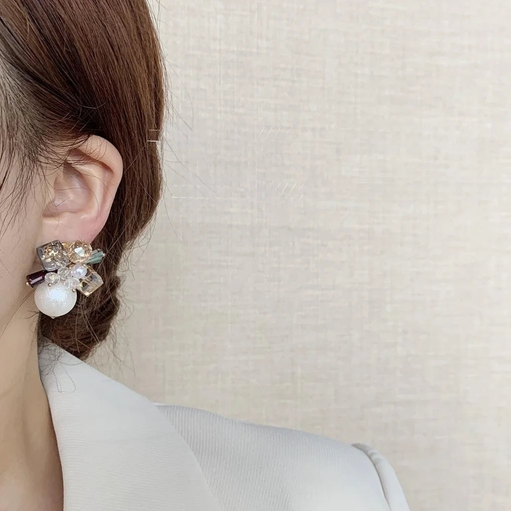 French Vintage Floral Pearl Crystal Stud Earrings, Handmade Silver-Plated Statement Jewelry