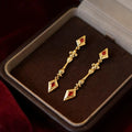 Luxury Iris Flower Long Tassel Drop Earrings Micro Pave Zircon Copper