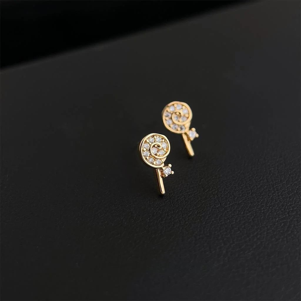14K Gold Plated Copper Micro Pave Zircon Lollipop Stud Earrings Sweet Mini Candy Jewelry