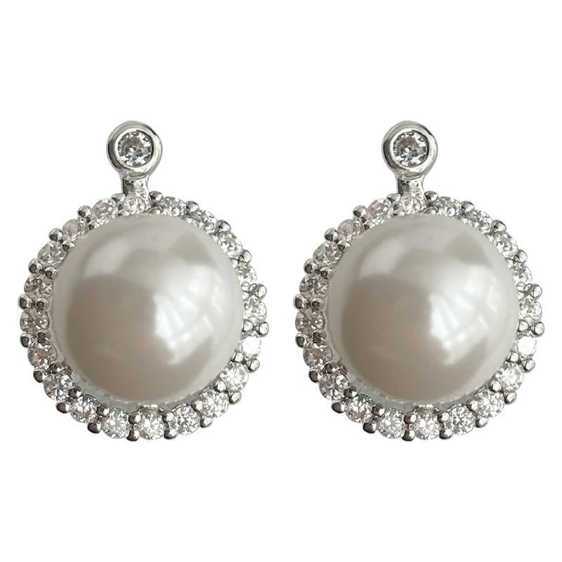 Micro Pave Zircon Glass Pearl Stud Earrings Copper Geometric Round Minimalist Office Jewelry