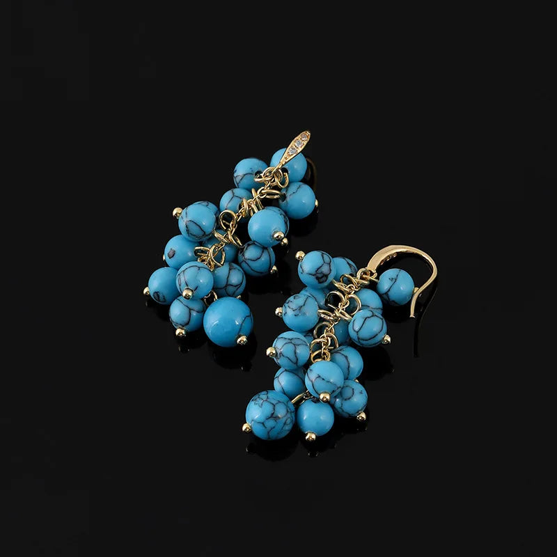 Elegant Blue Turquoise Stone Grape Cluster Dangle Stud & Clip On No Piercing Alloy Rhinestone Earrings