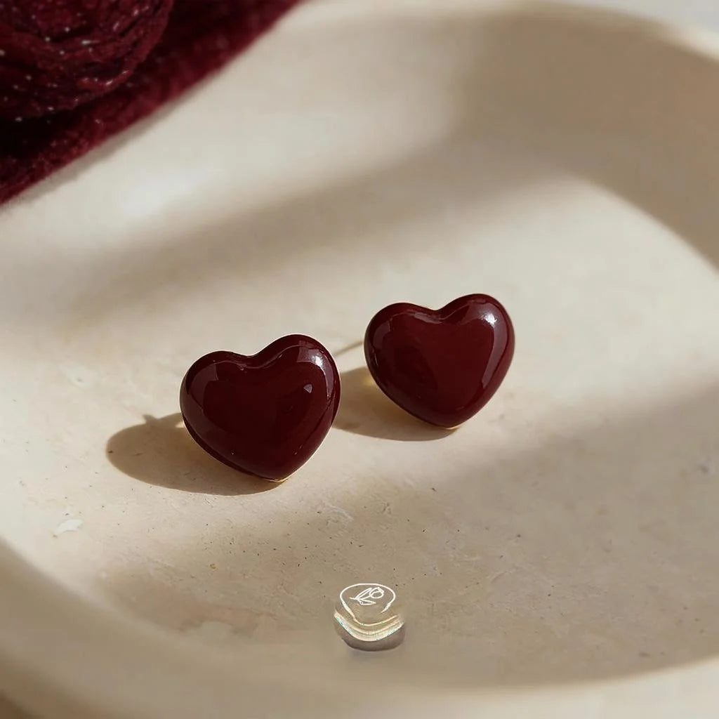 Burgundy Enamel Drip Glaze Heart Stud Earrings, Vintage Hong Kong Style