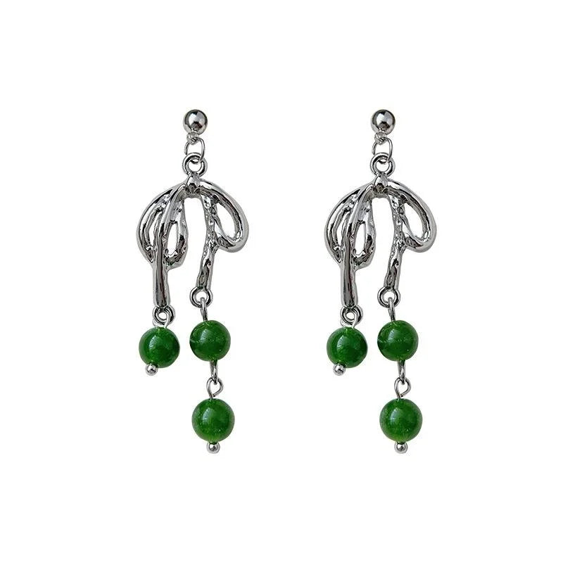 Handmade New Chinese Style Emerald Natural Stone Bow Tassel Drop Earrings Silver Plated Copper