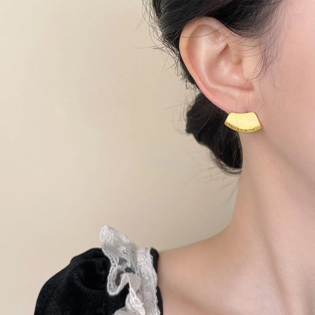 Silver Plated Copper Brushed Geometric Irregular Letter Stud Earrings